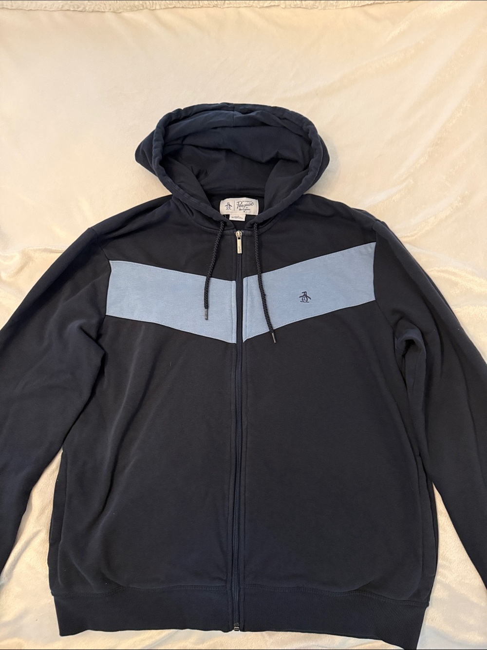 Original Penguin Navy Zip-Up Hoodie with Light Blue Chevron -Size Large